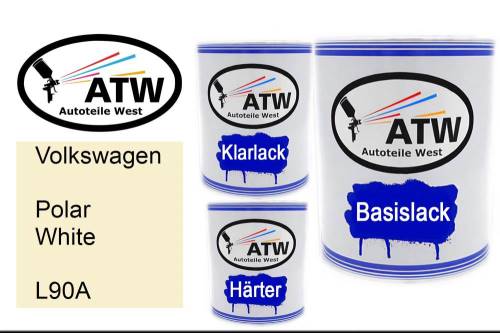 Volkswagen, Polar White, L90A: 1L Lackdose + 1L Klarlack + 500ml Härter - Set, von ATW Autoteile West.